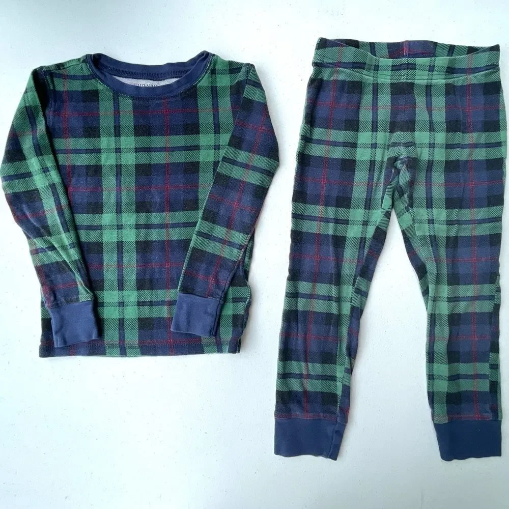 Old Navy Kids Plaid Pajama Set Size S (6) Green Blue Sleepwear Boys Girls